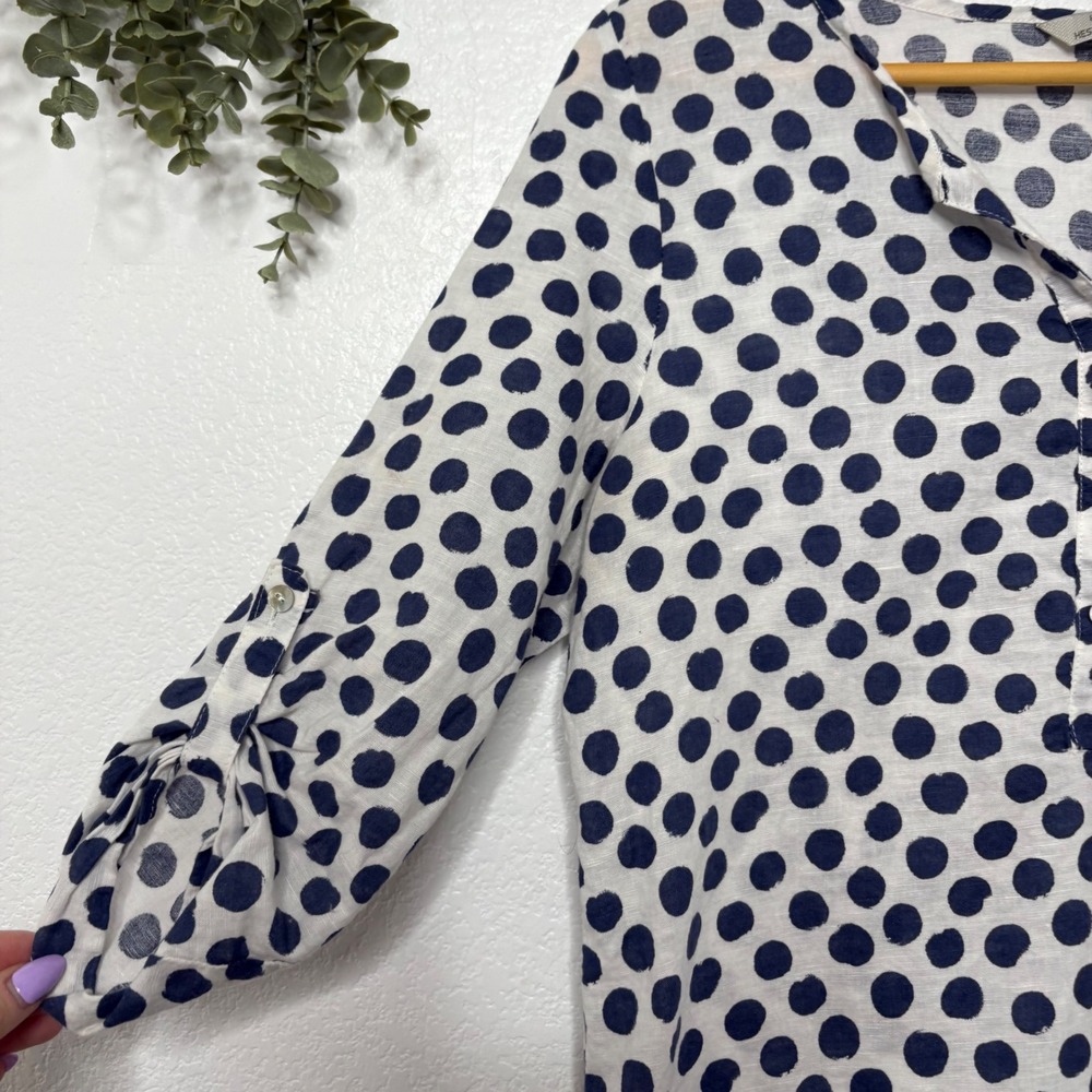 Hester & Orchard Linen Blend Polka Dot Henley Blouse Navy White Small - Picture 4 of 6